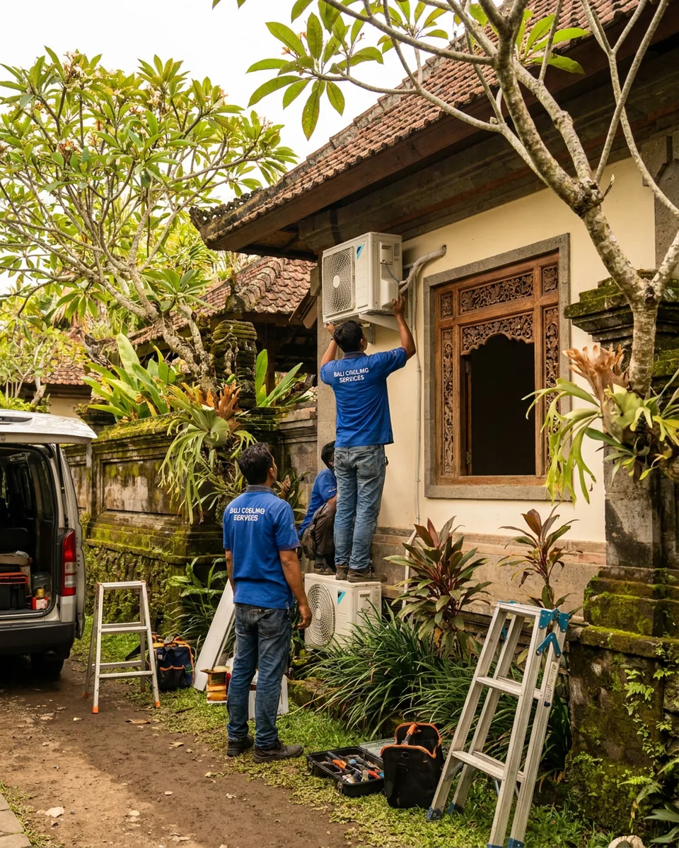 Air conditioner cooling an open-plan villa living room in Bali
